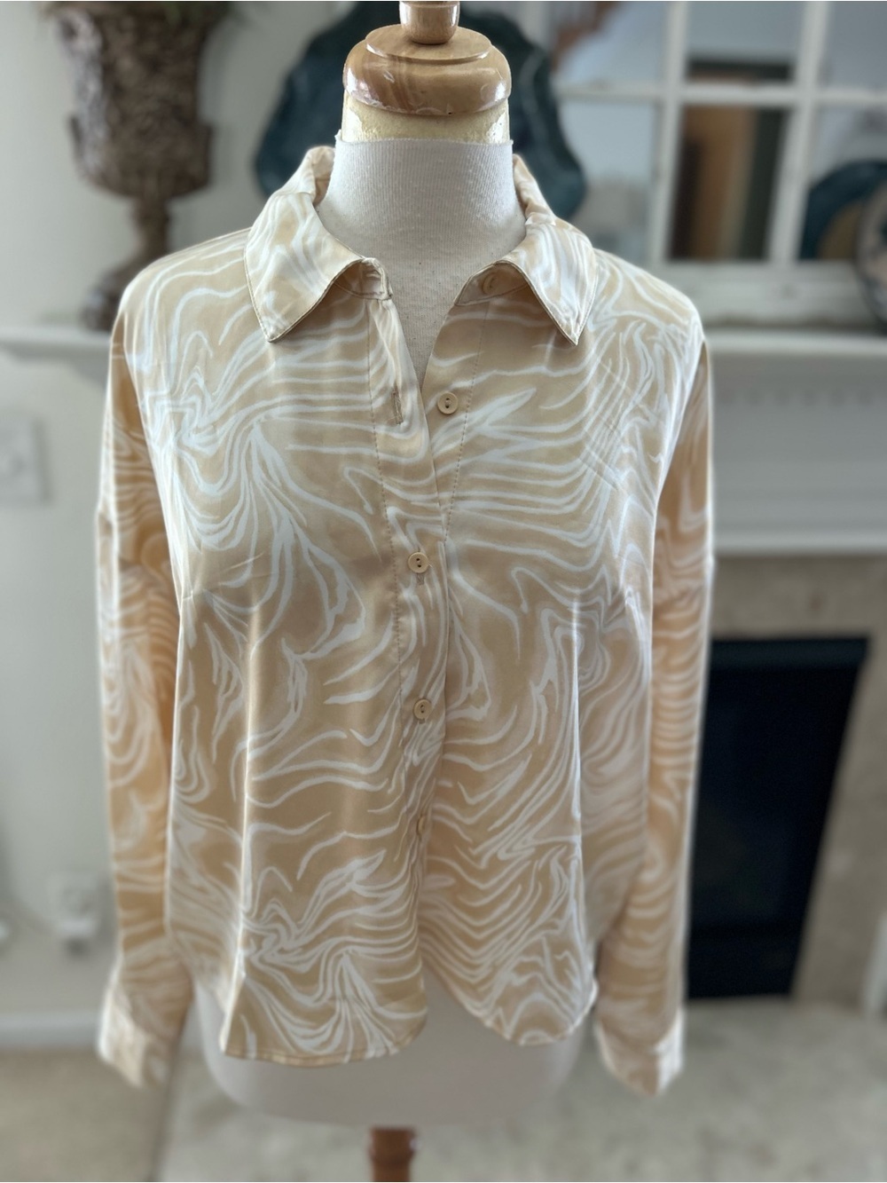 And Now This Camel Swirl Oversized Button-Down Satin Shirt